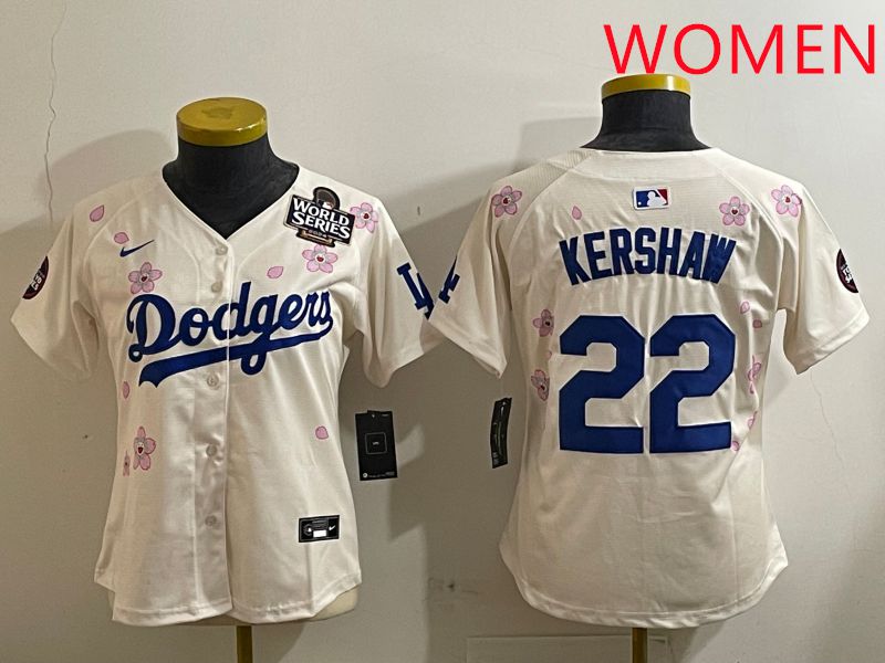 Women Los Angeles Dodgers 22 Kershaw Cream Sakura Edition 2025 Nike MLB Jersey style 7